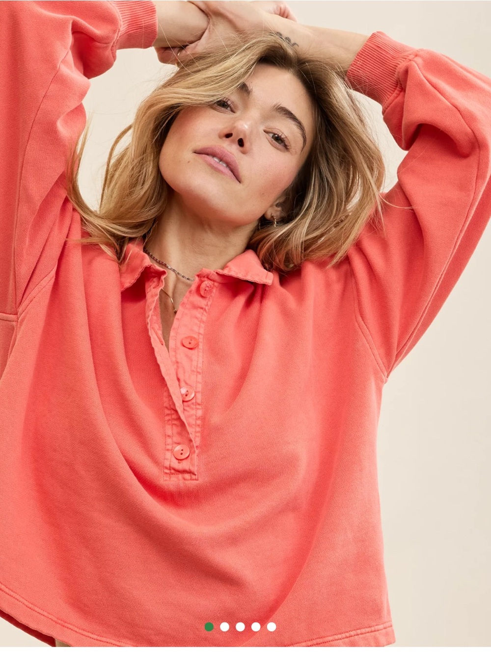 aerie Coral Button-Front Polo Sweatshirt